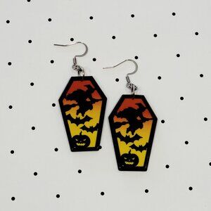 Yellow Orange Witch with Bats and Pumpkin Coffin Earrings Stainless Steel Hooks